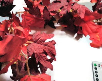 Red Leaves Garland Pre Lit with LED Fairy Lights, 6 Feet, Thanksgiving and Holiday Decorations