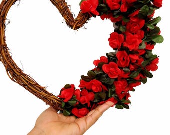 Rattan Heart Wreath with Red Roses for Valentine's Decor