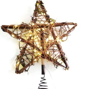 Holiday Tree Topper Wood Star with Lights, 10 Inches