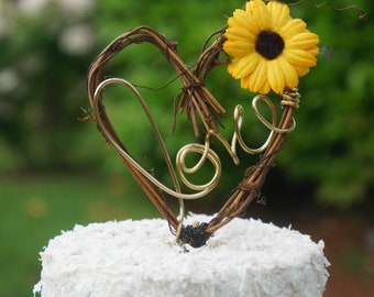 Simple Decorative Cake Topper in Dried Twigs & Sunflower for Backyard Weddings