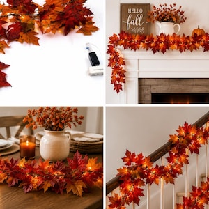 May include: An artificial maple leaf garland featuring vibrant red, orange, and yellow foliage with integrated warm white LED string lights. The flexible vine includes a battery pack and is shown draped over a fireplace mantel, a dining table, and a staircase railing.