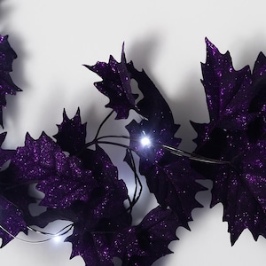 Lighted Halloween Garland in Black & Purple Leaves, LED Fairy Lights, Battery Operated 6 Feet