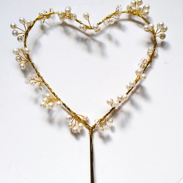 Gold Heart Cake Topper with Wire Wrapped Bead Work