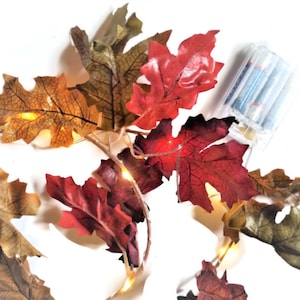 Realistic Leaves Autumn Garland in Burgundy With LED Lights Battery Operated