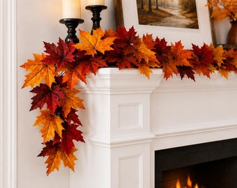 8 Ft Autumn Maple Leaf Garland, Fall Table Runner, Fireplace Mantle with Optional Lights