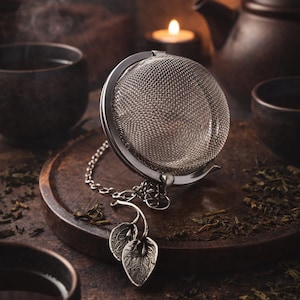May include: A spherical stainless steel tea infuser with a fine mesh screen. The infuser features a silver-toned metal chain attached to a decorative charm shaped like two small leaves. The metal construction is polished and reflective in appearance.