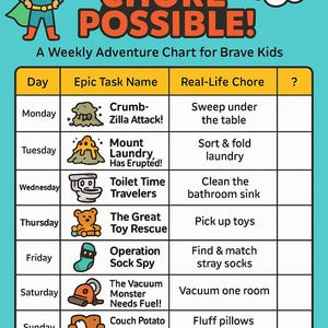 May include: A colorful weekly chore chart titled "Mission: Chore Possible!" features a superhero graphic and fun illustrations for each day's tasks. The chart includes tasks like sweeping, laundry, and vacuuming.