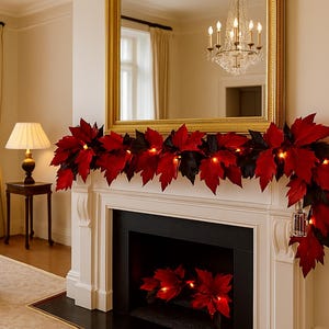 Mantel Fall Leaves Garland Scarf With Steady and Twinkling Lights, Mixed Color Leaf Swag