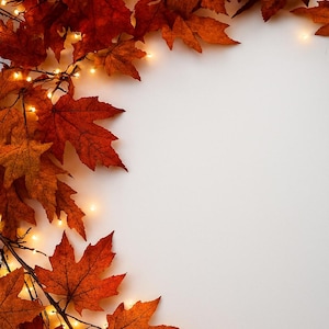 May include: Autumn-themed image featuring vibrant red and orange maple leaves arranged with a string of warm, glowing fairy lights. The leaves are clustered along the top and left edges against a white background, creating a seasonal decorative display.