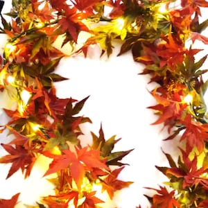 Puede incluir: Una guirnalda decorativa con hojas de arce artificiales en tonos rojos, naranjas y verdes, intercaladas con pequeñas luces LED de color blanco cálido. El follaje está dispuesto en un patrón circular, creando una vibrante decoración otoñal.