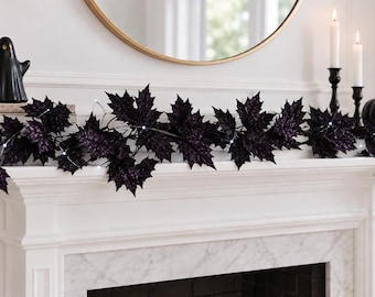 Beleuchtete Halloweengirlande in Schwarz & Lila Blättern, LED Lichterkette, Batteriebetrieben 6 Fuß