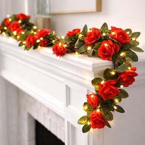 Red Rose Garland with  LED Fairy Lights Option 6 Feet Long