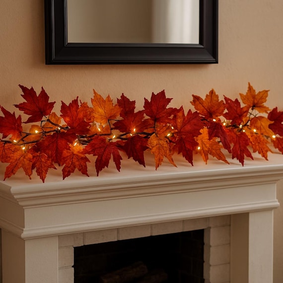 KASZOO Lot 2 Guirlandes Automne Feuilles Érable 176 Cm Avec 40 LED - Décoration Intérieur Extérieur