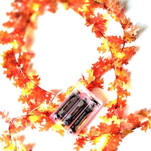 May include: A string of battery-powered fairy lights with orange and yellow maple leaf-shaped decorations. The lights are strung together with a clear wire and have a battery pack.