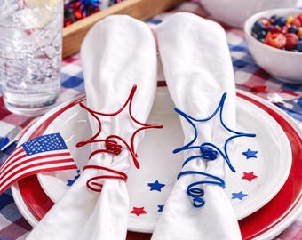 4th of July Party Decor Star Napkin Rings In Red and Blues 2pcs