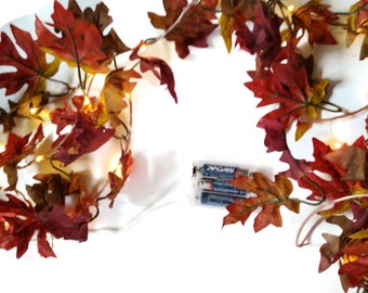 Burgundy Fall Leaves Lighted Garland With LED Fairy Lights, Battery Operated 6 Feet