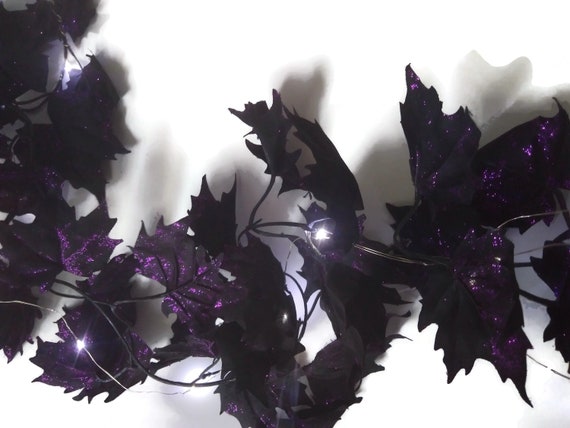 Lighted Halloween Garland in Black & Purple Leaves, LED Fairy Lights,  Battery Operated 6 Feet 