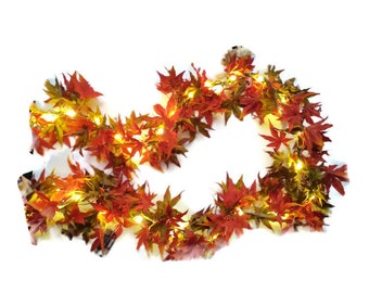 Lighted Fall Leaves Garland With Warm White Lights - Uses AA Batteries