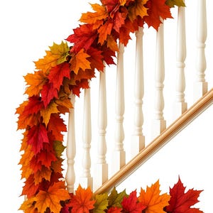 Puede incluir: Una guirnalda otoñal de hojas de arce artificiales en tonos rojos, naranjas y amarillos decora una escalera. Las hojas están dispuestas para caer en cascada por las balaustradas blancas y a lo largo del pasamanos de madera, creando una exhibición festiva de otoño.