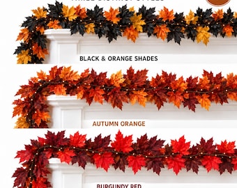 Lighted Fall Leaf Garland Set of 3 in Black, Orange and Burgundy