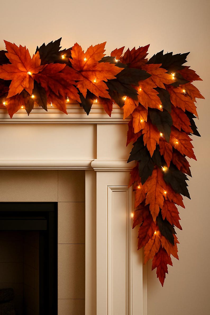 Handmade Black & Orange Fall Leaves Garland: Spooky Halloween Mantel ...