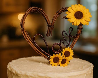 Rustic Sunflower Cake Topper – Grapevine Heart with Yellow Flower for Wedding, Fall Bridal Shower, Boho Baby Shower, Country Cake Decor