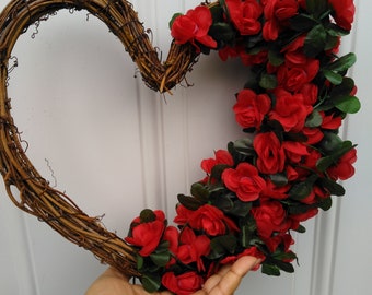 Rattan Heart Wreath with Red Roses for Valentine's Decor