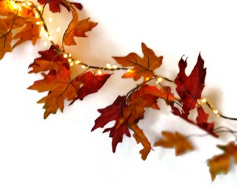 長さ8フィートの暖炉用秋の葉ガーランド（タイマー、調光器、USBポート、リモコン付き）