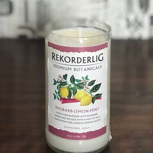 Cider Bottle candle Rekorderlig Pear Cider with Rhubarb Lemon and Mint with Rhubarb Rose vegan soy wax. Unique upcycled gift for cider lover