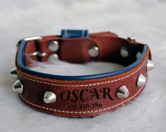 Puede incluir: Collar de perro de cuero marrón con púas y herrajes plateados. El collar tiene un interior azul y está cosido con hilo blanco. El nombre "OSCAR" y un número de teléfono están grabados.