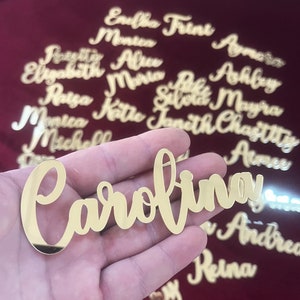 Tarjeta de lugar para cena o boda, letreros de espejo dorado, tarjetas de lujo, etiquetas de espejo, nombres cortados con láser, letreros de acrílico, decoración de bodas, mesa, evento personalizado