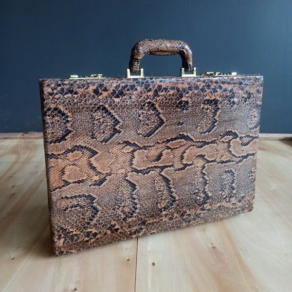 Genuine snake skin Leather Briefcase, Leather Attache, Vintage Business Handbag,men and women, Hardshell work bag, combination lock