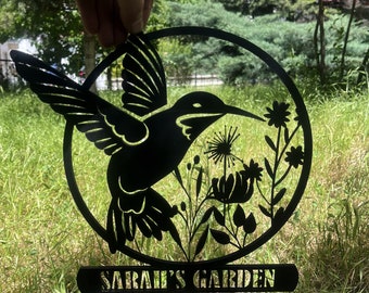 Large (16"-24") Custom Metal Garden Decor,Bird with Stakes Garden Sign,Flower Design Personalized Garden Sign,Custom Name Sign,Home Gift