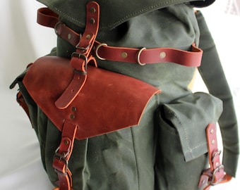 Handmade Bushcraft Backpack- Leather&Waxed Canvas Rucksack ,Travel, Camping,Hiking,-Personalized,adventure,bushcraft gear,large military bag