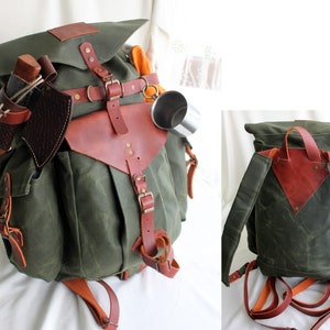 Handmade Rucksack, Goat Fur Flap, Leather and Waxed Canvas