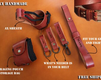 Set of 7 Bushcraft Belt Set With free Personalization, Load Carrying,Bushcraft Belt, Foraging Bag, Axe Holder,Belt Bag,gift for husband