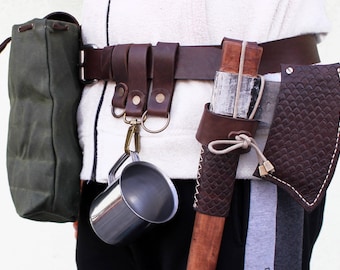 Set of 7 Bushcraft Belt Kit With Personalization,Load Carrying Bushcraft Belt,Foraging Bag, Axe loop,Belt Bag,gift for husband,gift for son