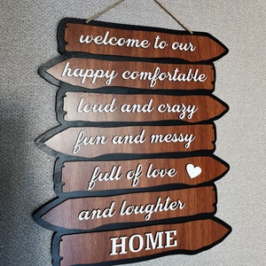Welcome to our comfortable happy loud messy full of love Home,door hanger,Home Sign,Housewarming Gift,hanging sign,wooden Entryway decor