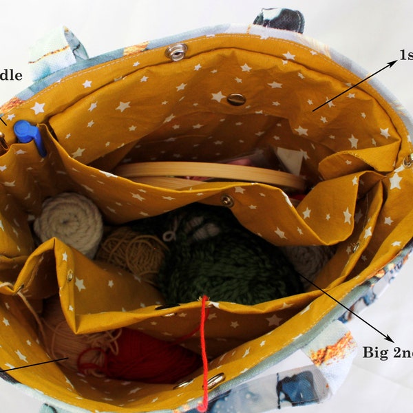 Bolsa de proyecto de tejido útil-grande - The Hipster Bag- Knitter's Bag, Bolsa de tejido con cordón de ganchillo, Bolsa Magner, Bolsa de almacenamiento, Grande y única