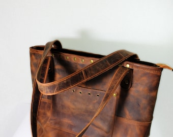 Handmade Brown Leather Tote Bag, Large Work Laptop Bag