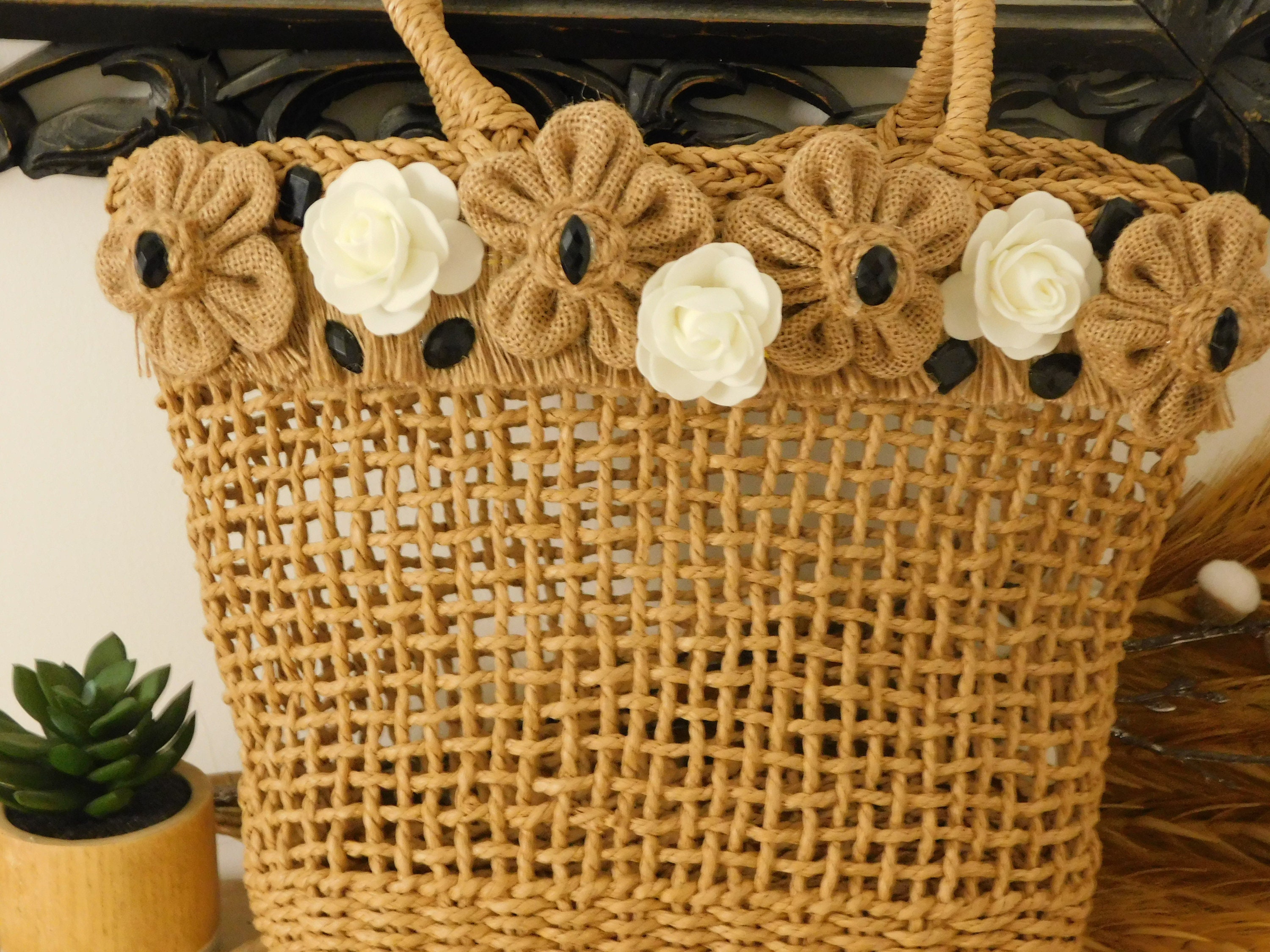 Panier Plage Sac Femme en Raphia et Rotin | Paille avec Jolie Fleur Jute Rose Blanche Strass Noir Fa