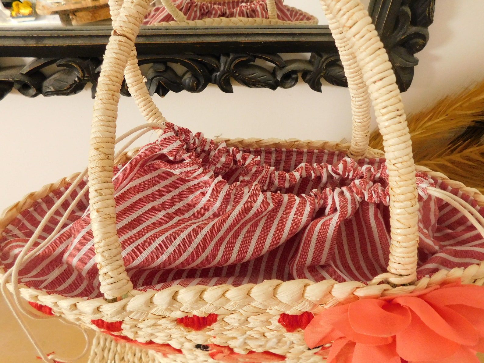 Wicker Basket Summer Woman Embroidered Pink Flamingo Pattern Etsy