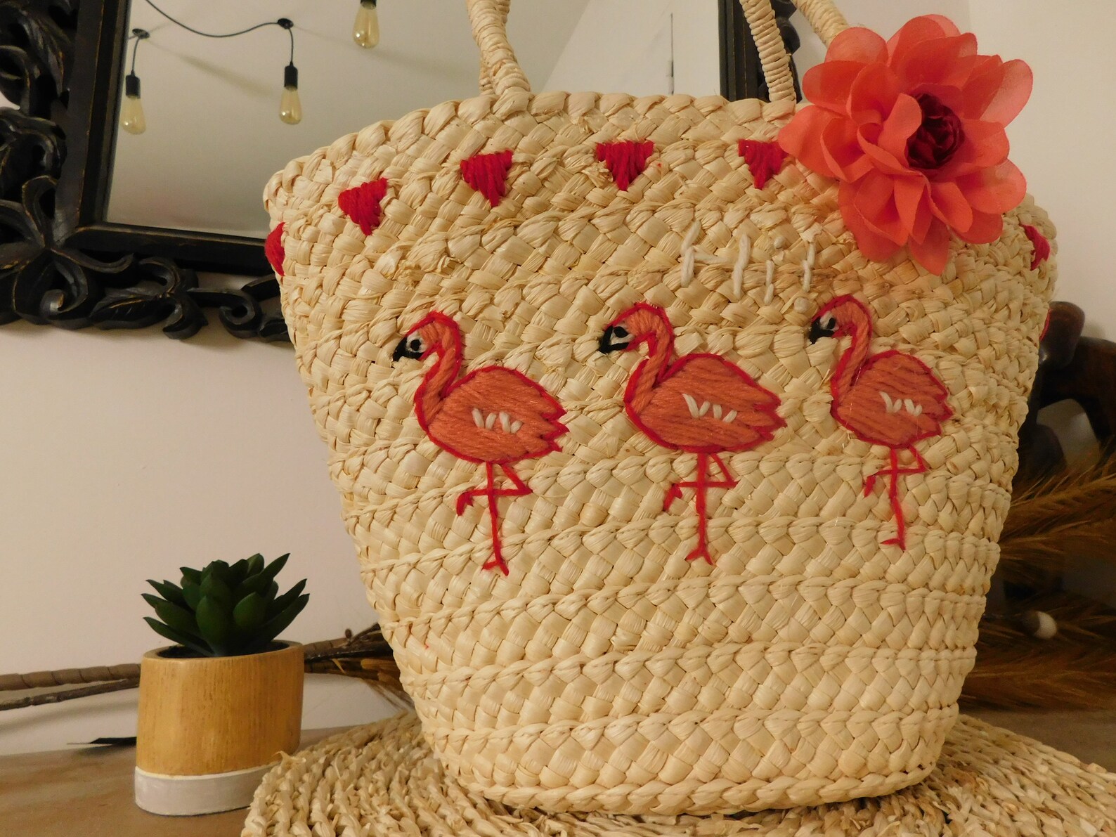 Wicker Basket Summer Woman Embroidered Pink Flamingo Pattern Etsy