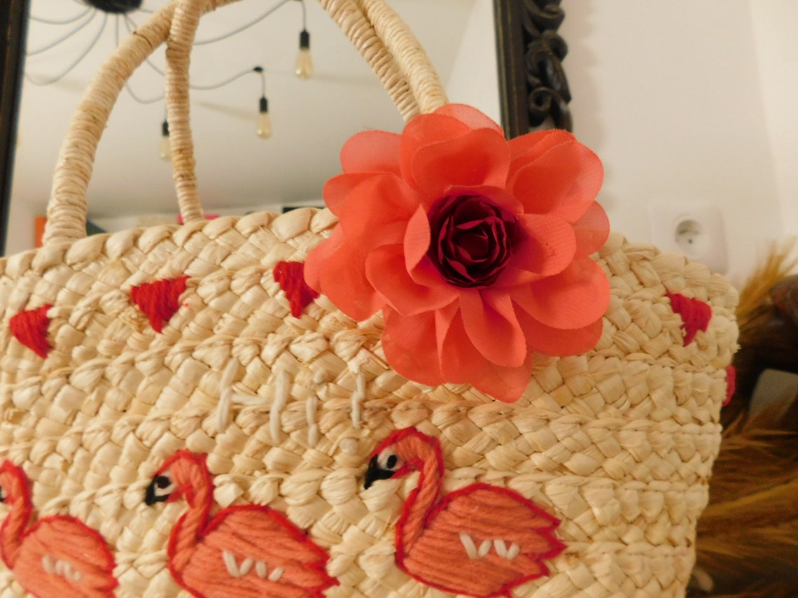 Wicker Basket Summer Woman Embroidered Pink Flamingo Pattern Etsy