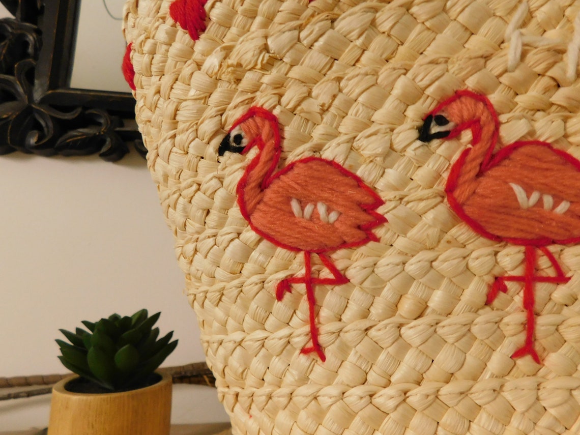 Wicker Basket Summer Woman Embroidered Pink Flamingo Pattern Etsy