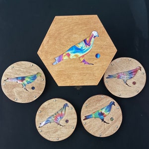 Pigeons Playing Ping Pong coaster set with hexagonal storage box