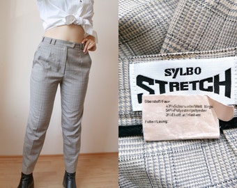 Vintage 90s Tapered Woman Pants | High Waist Trousers | Virgin Wool Classy Check Pants | With Pockets | Grey Suit Pants | Size Medium