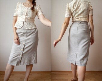 Vintage Linen Cotton Beige Woman Skirt | High Waist Midi Skirt | With Pockets | Pencil Skirt | Size Medium US- 8, EU-38 | Made In Austria