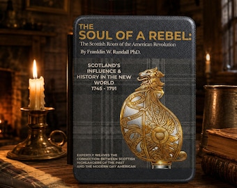 May include: Kindle case with the title "OUTLANDER KINDLE CASE" and the text "THE SOUL OF A REBEL". The case has a plaid design and a gold and silver decorative element. It references Scottish history and the American Revolution.