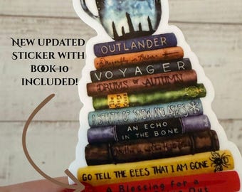 Diana Gabaldon Outlander Book Stack Sticker with Craigh Na Dun Coffee Cup | A Blessing for a Warrior Going Out Sticker| Sparkle or White